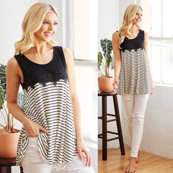 ❤️LAST 1! Soft Jersey Knit Summer Stripe Color Block Top with Lace Detail - Picture 4 of 9